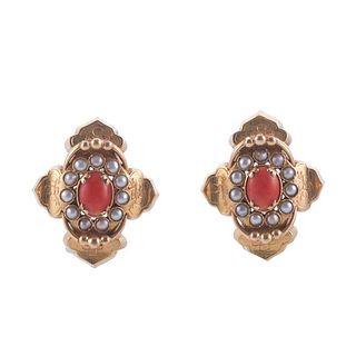 Vintage 18k Gold Coral Pearl Earrings Brooch Set