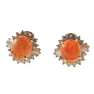 14k Gold Fire Jelly Opal Diamond Earrings