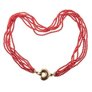 18k Gold Coral Bead Multi Strand Necklace