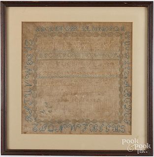 Silk on linen sampler, 19th c., wrought by Amanda Vandyke, 10 1/4'' x 10 1/4''.