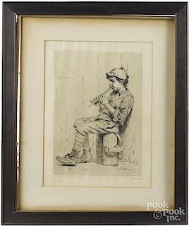 John George Brown etching of a shoe shine boy, signed in pencil lower right, 13 1/2'' x 9 1/2''.
