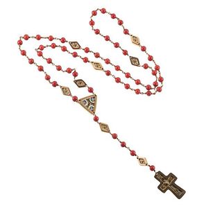 Antique 18K Gold Coral Enamel Rosary Bead Necklace