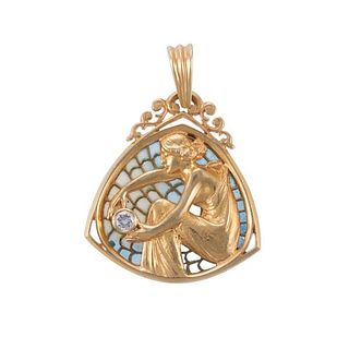 Art Nouveau 18k Gold Diamond Enamel Pendant