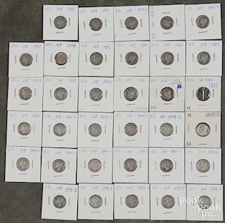 U.S. Capped Bust half dime, 1835, together with thirty-two Mercury silver dimes, 1916-1944 S
