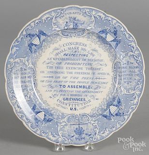 Blue Staffordshire Constitution plate, 19th c., with eagle border, 10 1/2'' dia.