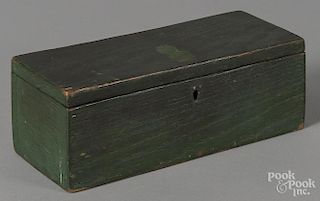 Painted oak lock box, 19th c., retaining an old green surface, 3 1/4'' h., 9 1/2'' w.