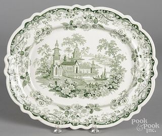 Green Staffordshire Priory platter, 19th c., 14'' l., 17'' w.