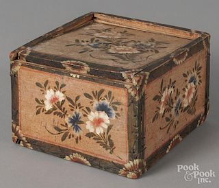Painted pine slide lid box, 19th c., retaining its original floral decoration on a salmon ground