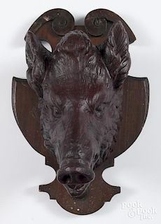 Carved and painted boar head mount, 13 3/4'' h.