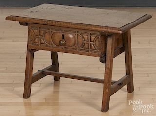 Continental walnut stool, constructed from period and non-period elements, 18'' h., 27 1/2'' w.