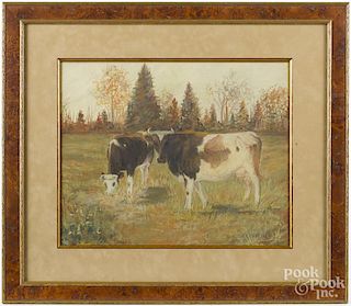 Carl Weber (American 1850-1921), watercolor and gouache landscape with cows, signed lower right