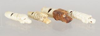Four Dog Head Carved Antique Whistles