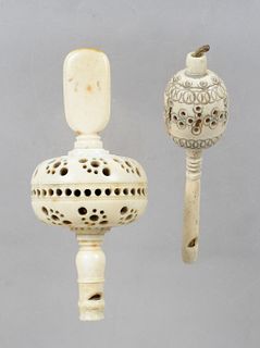 Two Antique Bone Whistle/Rattles