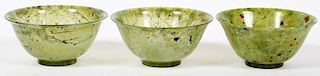 CHINESE CARVED SPINACH JADE BOWLS 3 PIECES