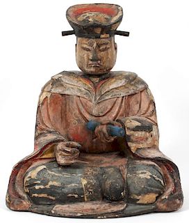 CHINESE CARVED WOOD POLYCHROME SCHOLAR FIGURE