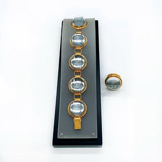 2pc Lalique Clear Cabochon Bracelet and 14K Gold Ring