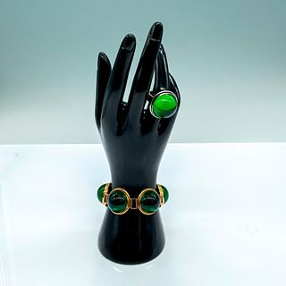 2pc Lalique Green Cabochon Bracelet and 14K Gold Ring