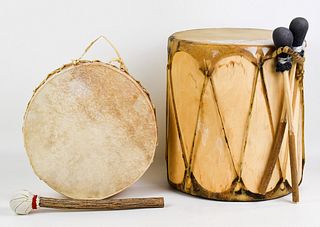 TWO RAWHIDE DRUMS