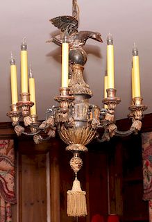 CARVED AND PAINTED WOOD NINE LIGHT CHANDELIER