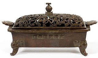 CHINESE RETICULATED PIERCED LID BRONZE CENSER