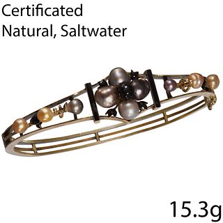 IMPRESSIVE CERTIFICATED NATURAL SALTWATER PEARLS AND ENAMEL HINGED BANGLE