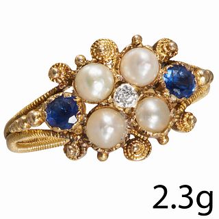 ANTIQUE SAPPHIRE PEARL AND DIAMOND RING