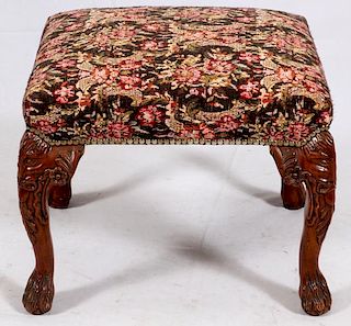 CHIPPENDALE-STYLE UPHOLSTERED & MAHOGANY FOOTSTOOL