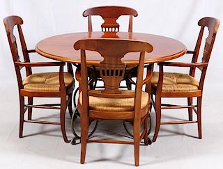 MAHOGANY TABLE W/ IRON BASE AND 4 DINING CHAIRS