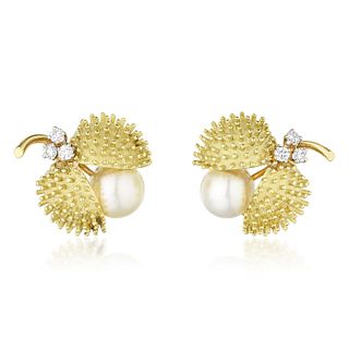 Pearl and Diamond Gold Earclips