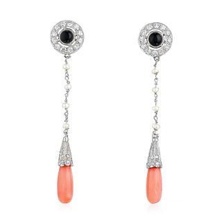 Coral Onyx and Diamond Drop Earrings