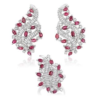 Ruby and Diamond Earrings and Ring Set