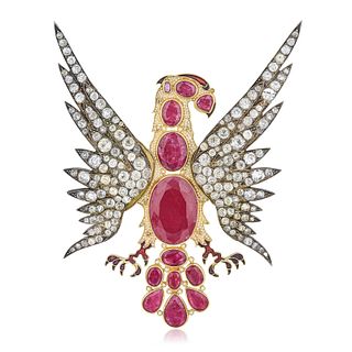 Diamond Ruby Eagle Brooch