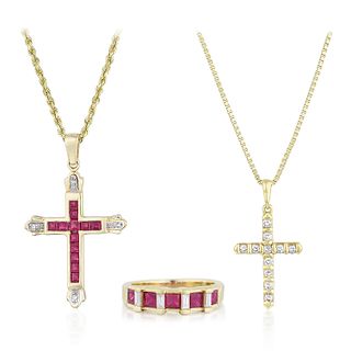 Group of Two Cross Necklaces and One Ruby Diamond Ring