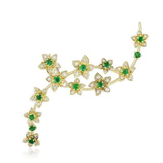 Vintage Emerald and Diamond Flower Gold Brooch