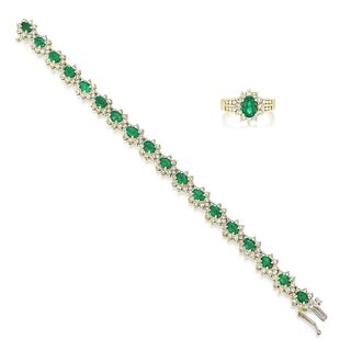 Group of Emerald and Diamond Bracelet and Ring