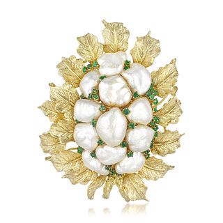 Pearl and Emerald Gold Brooch
