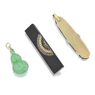 Group of Jade Pendant Dunhill Knife and Victorian Onyx Pin
