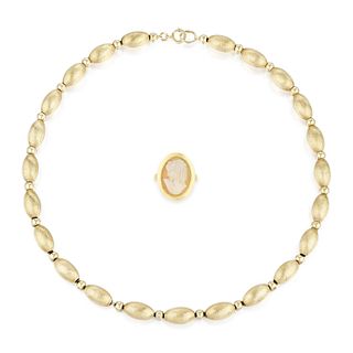 Group of Gold Bead Necklace and Cameo Ring
