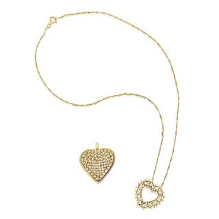 Group of Two Diamond Gold Heart Pendant with One Gold Chain