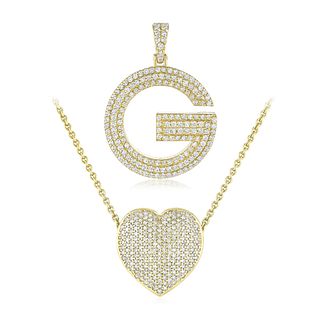 Group of One Diamond Gold Pendant and One Diamond Gold Necklace