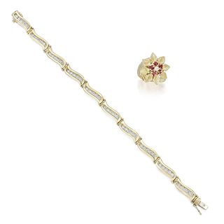 Group of Diamond Gold Bracelet and Ruby Gold Floral Ring