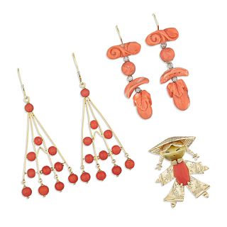 Group of Two Pairs of Coral Gold Earrings and One Coral Gold Brooch
