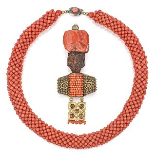 Group of Coral Necklace and Coral Brooch