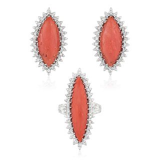 Set of Coral and Diamond Ring and Earrings