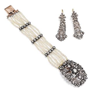 Group of One Pearl Diamond Bracelet and One Pair of Diamond Earrings