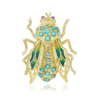 Turquoise Enamel and Gold Fly Brooch