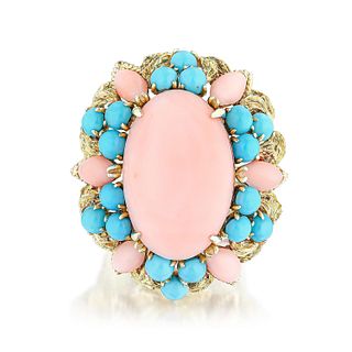 Vintage Coral and Turquoise Gold Ring