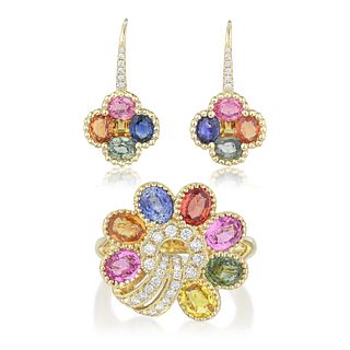 Group of Multi-Colored Sapphire and Diamond Ring and Earrings