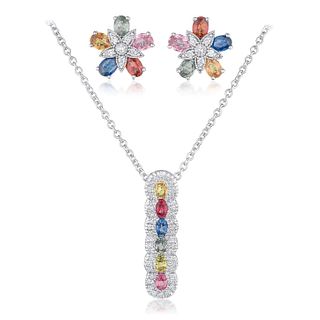 Group of Multi-Colored Sapphire and Diamond Necklace and Earrings