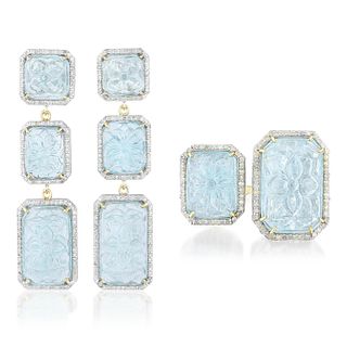 Aquamarine and Diamond Ring and Earrings Set
